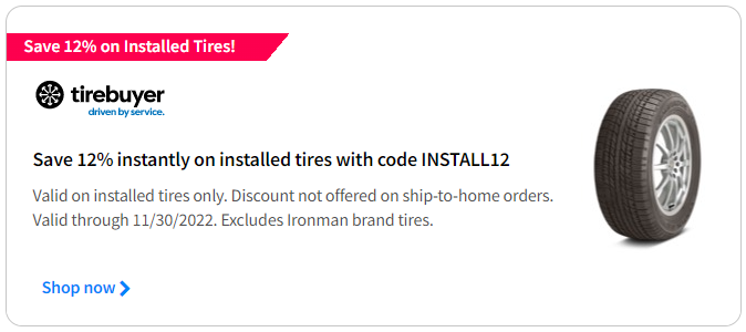 12% off any set of tires coupon code with Tire Buyer